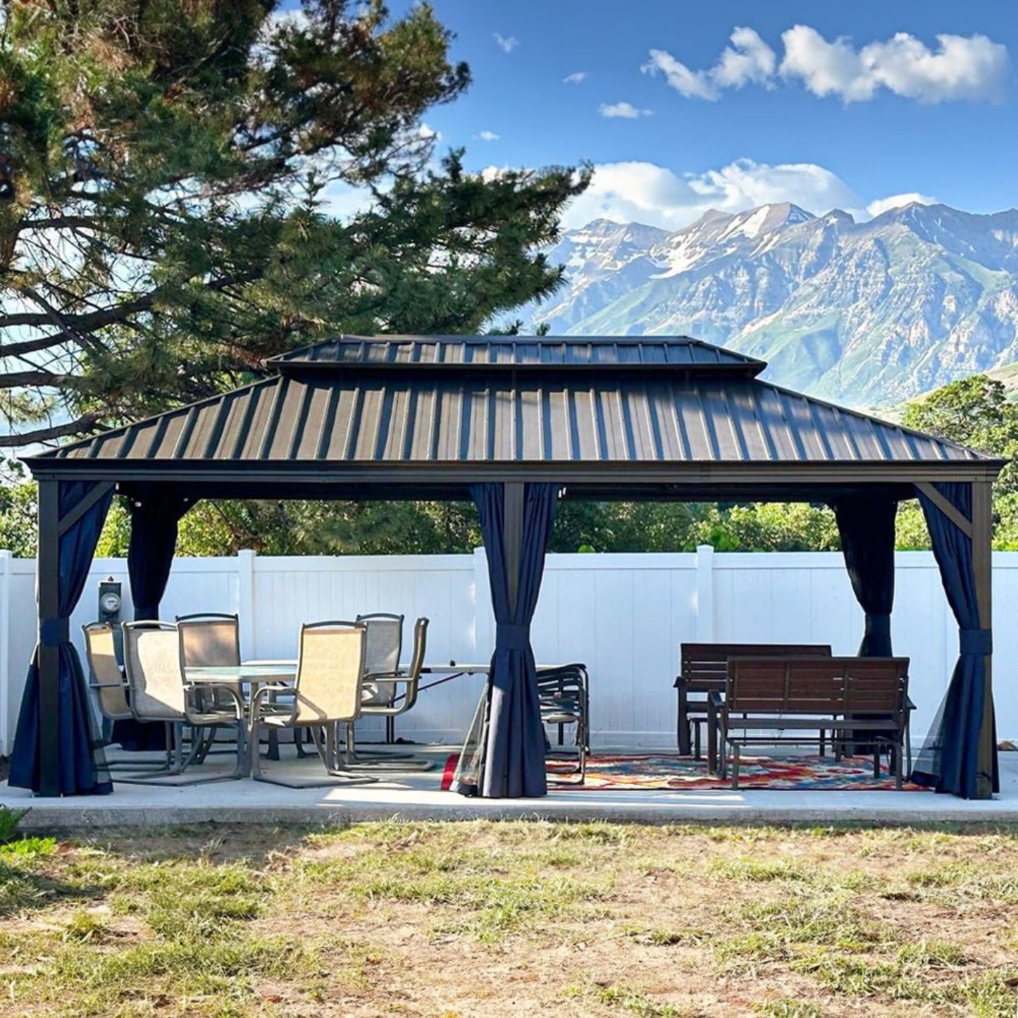 The Sequoia Estate 12' x 20' Hardtop Gazebo | Mahogany-Finish Aluminum Frame
