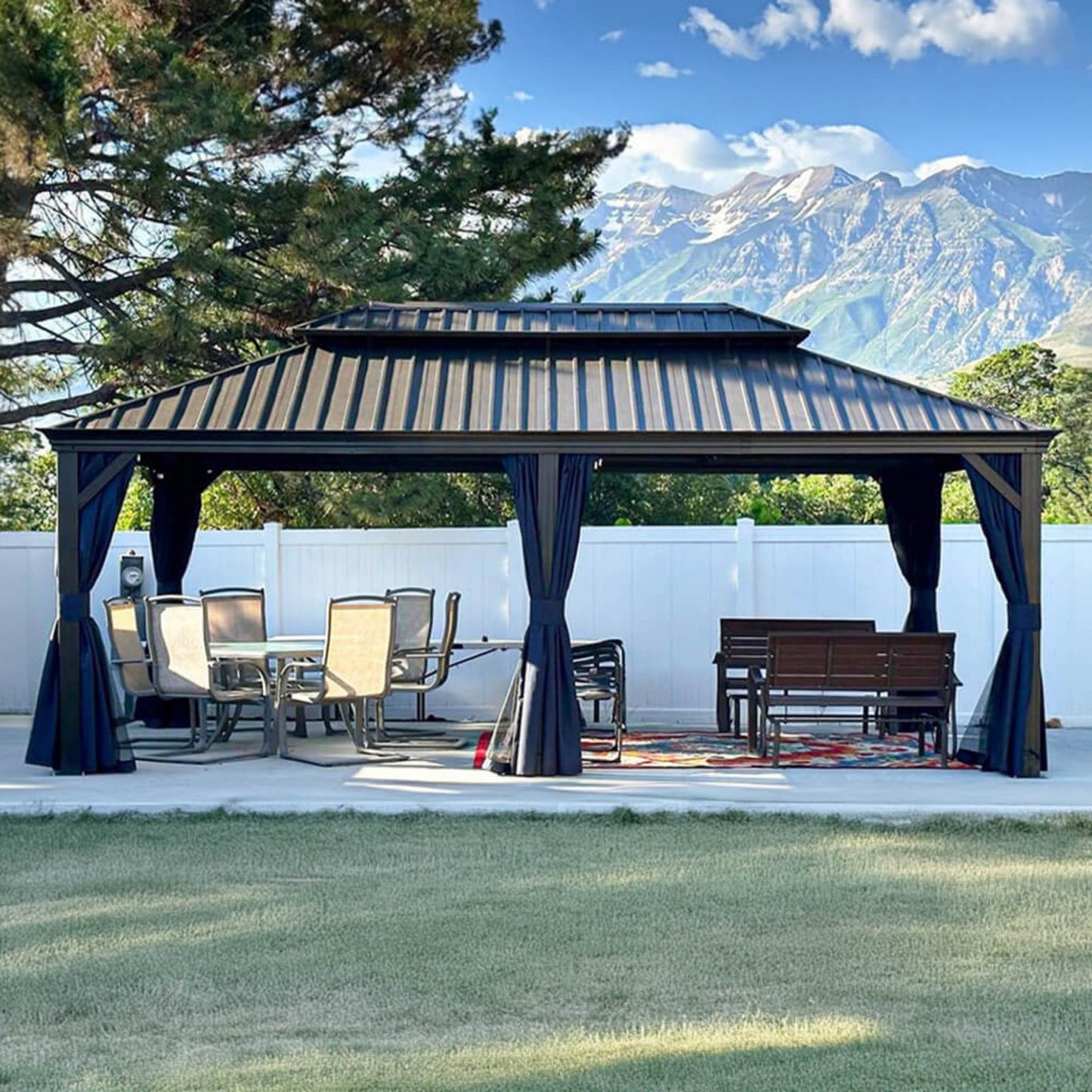 The Sequoia Estate 12' x 20' Hardtop Gazebo | Mahogany-Finish Aluminum Frame