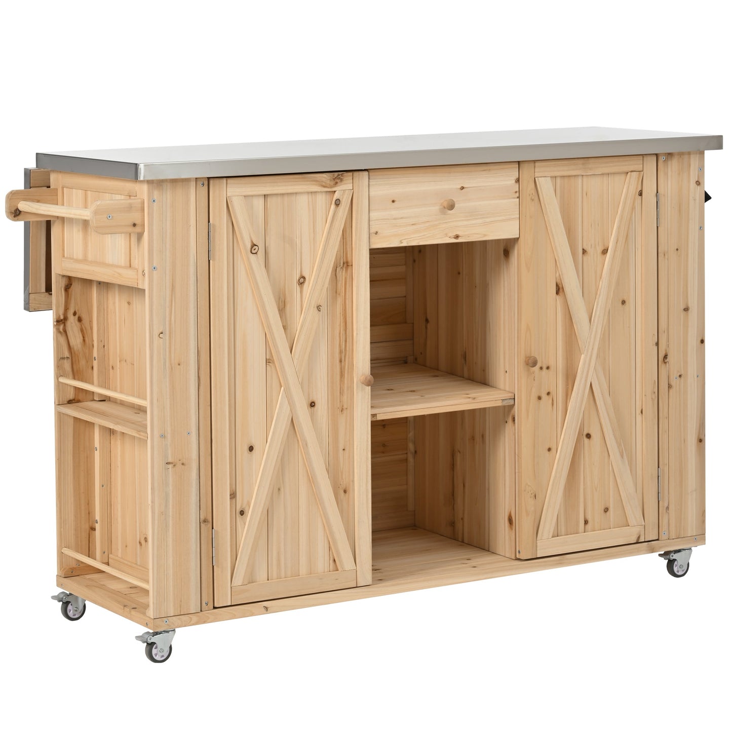 Outdoor Kitchen Island Fir Wood Kitchen Island with Stainless Steel Top, Ample Storage Space, Towel and Spice Racks, Bottle Opener, Natural