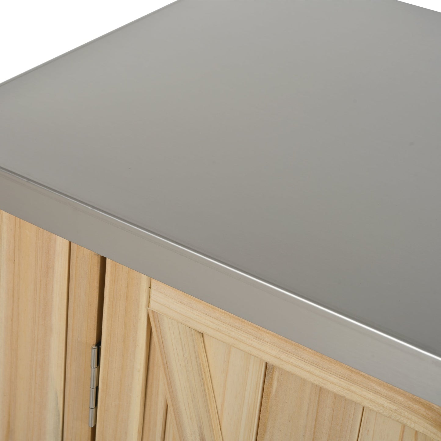 Outdoor Kitchen Island Fir Wood Kitchen Island with Stainless Steel Top, Ample Storage Space, Towel and Spice Racks, Bottle Opener, Natural