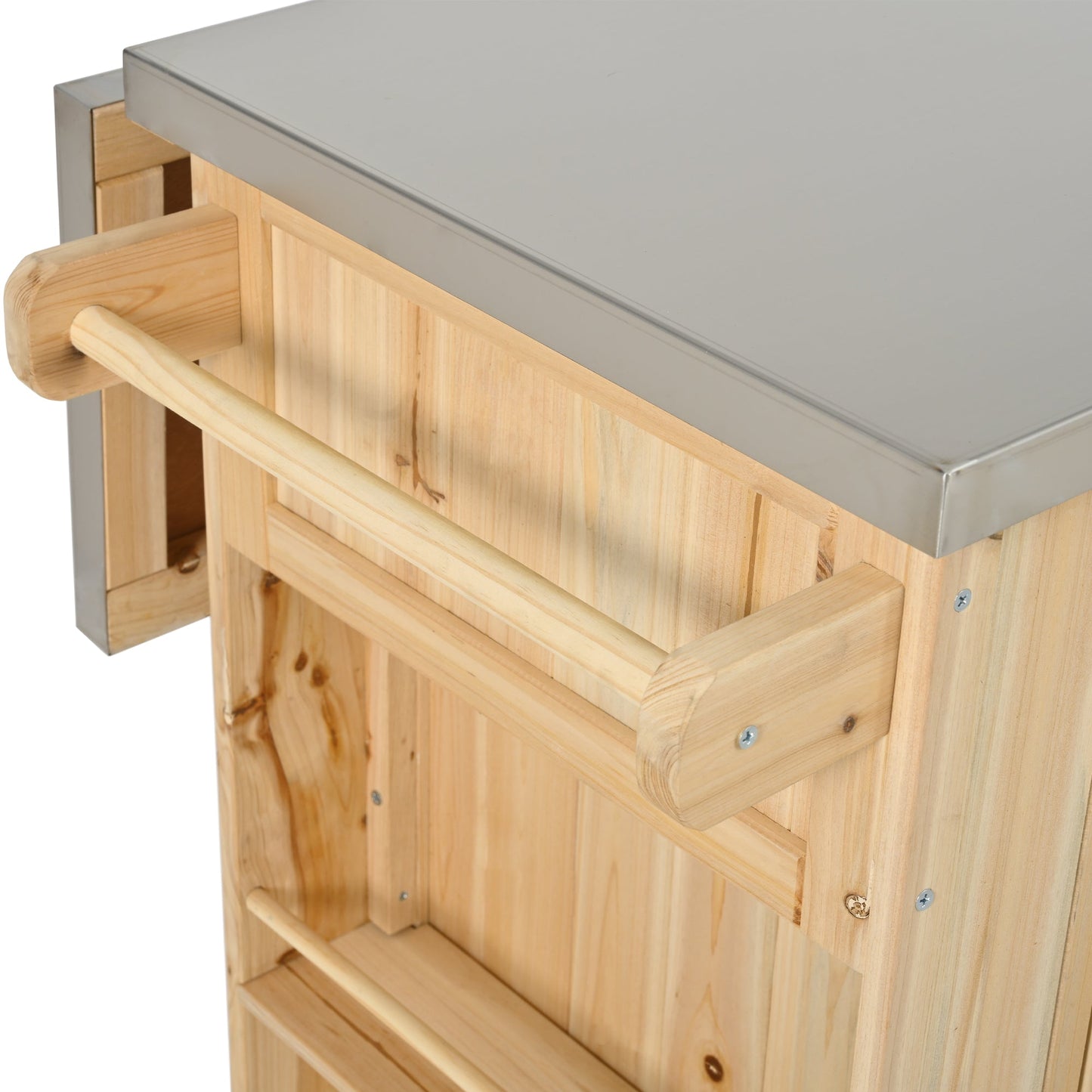 Outdoor Kitchen Island Fir Wood Kitchen Island with Stainless Steel Top, Ample Storage Space, Towel and Spice Racks, Bottle Opener, Natural