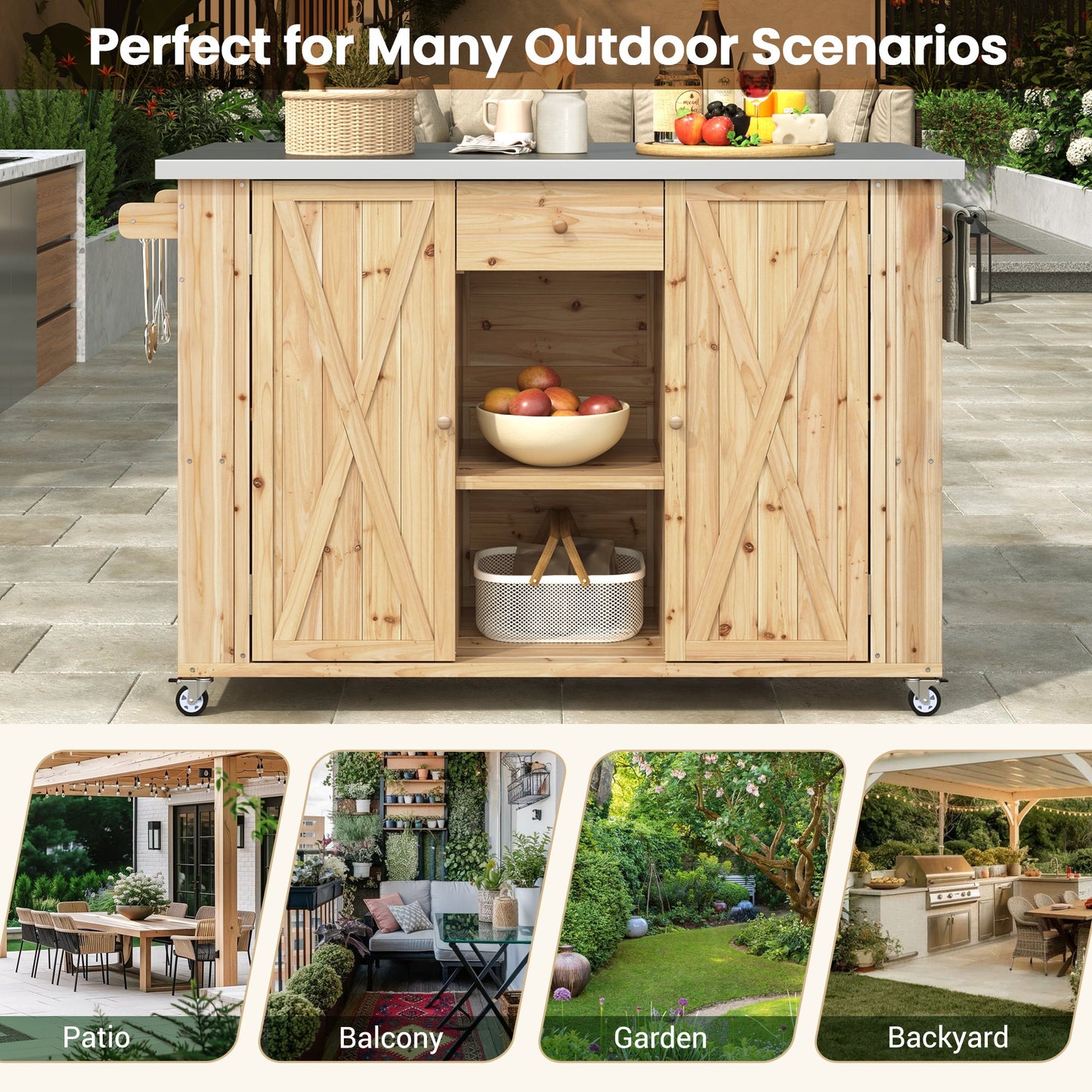 Outdoor Kitchen Island Fir Wood Kitchen Island with Stainless Steel Top, Ample Storage Space, Towel and Spice Racks, Bottle Opener, Natural
