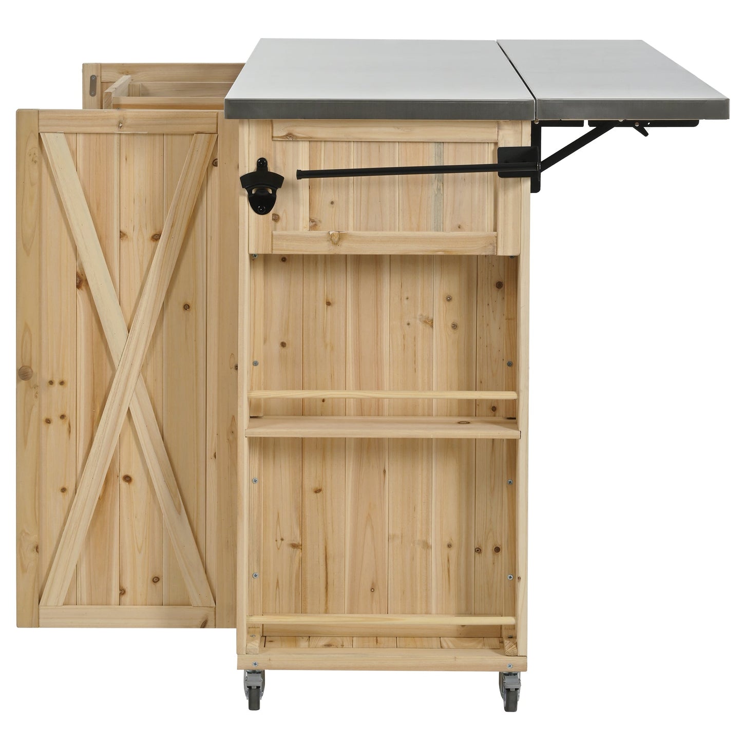 Outdoor Kitchen Island Fir Wood Kitchen Island with Stainless Steel Top, Ample Storage Space, Towel and Spice Racks, Bottle Opener, Natural