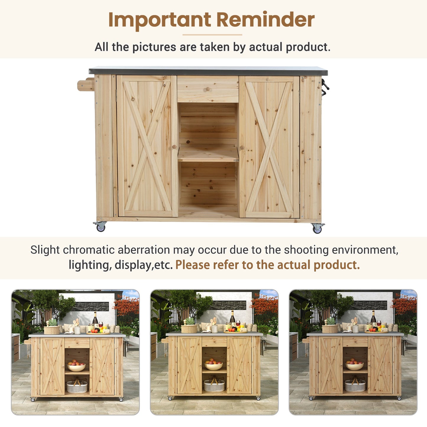 Outdoor Kitchen Island Fir Wood Kitchen Island with Stainless Steel Top, Ample Storage Space, Towel and Spice Racks, Bottle Opener, Natural