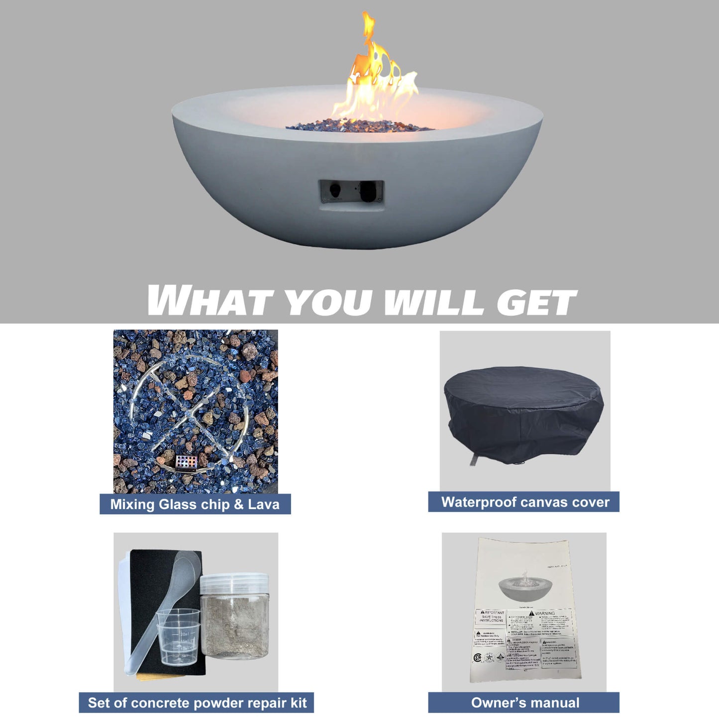42" Modern Concrete Outdoor Fire Pit Bowl – 65,000 BTU GFRC Propane Hearth