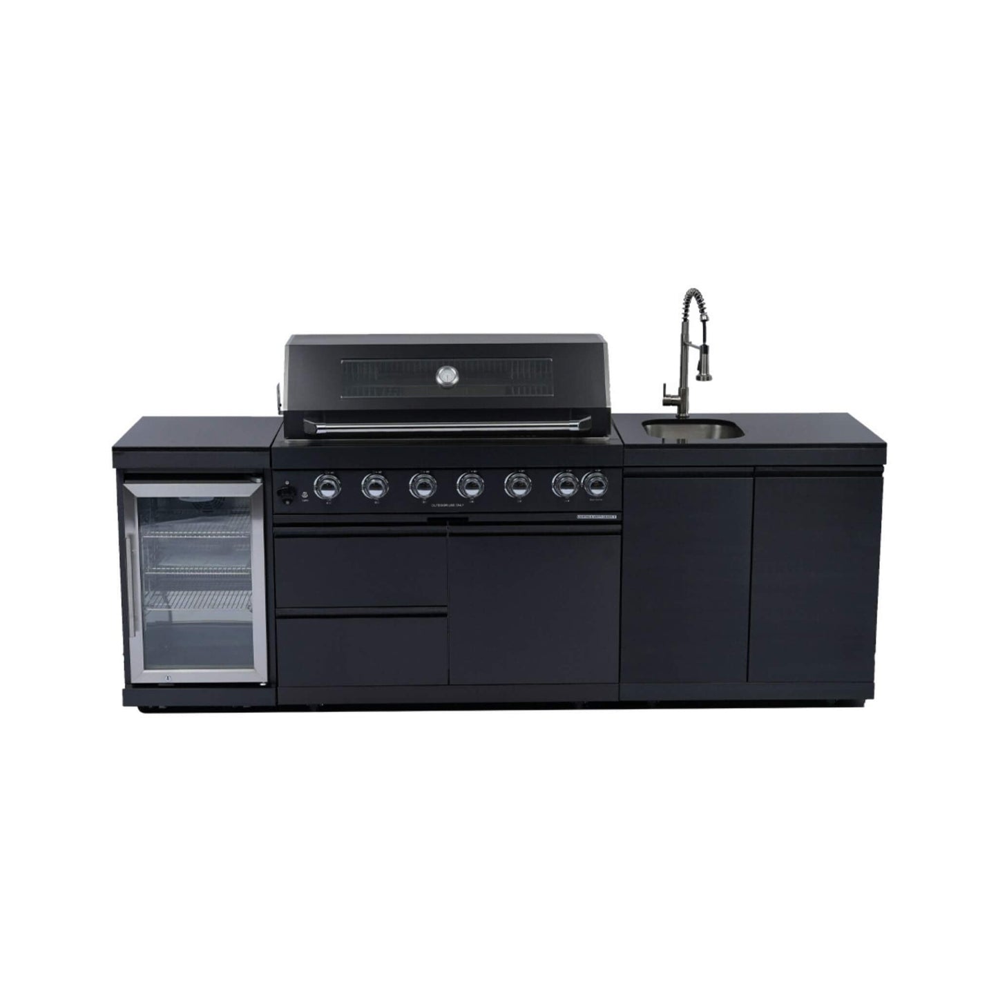 Castelle Flame 43-Inch 6-Burner 85K BTU Stainless Steel Outdoor BBQ Kitchen Island Grill With Wine Cooler, Rotisserie, And Sink