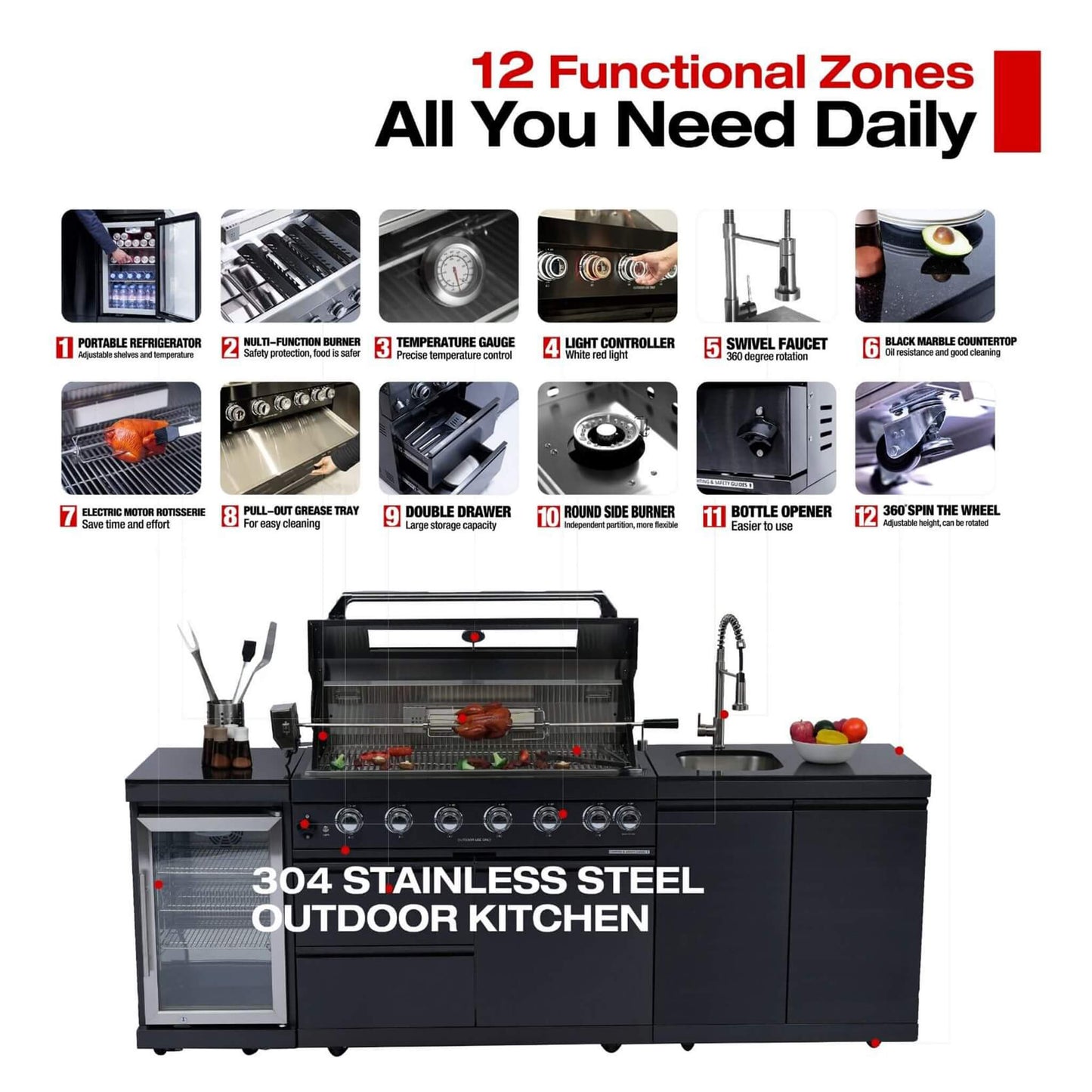 Castelle Flame 43-Inch 6-Burner 85K BTU Stainless Steel Outdoor BBQ Kitchen Island Grill With Wine Cooler, Rotisserie, And Sink