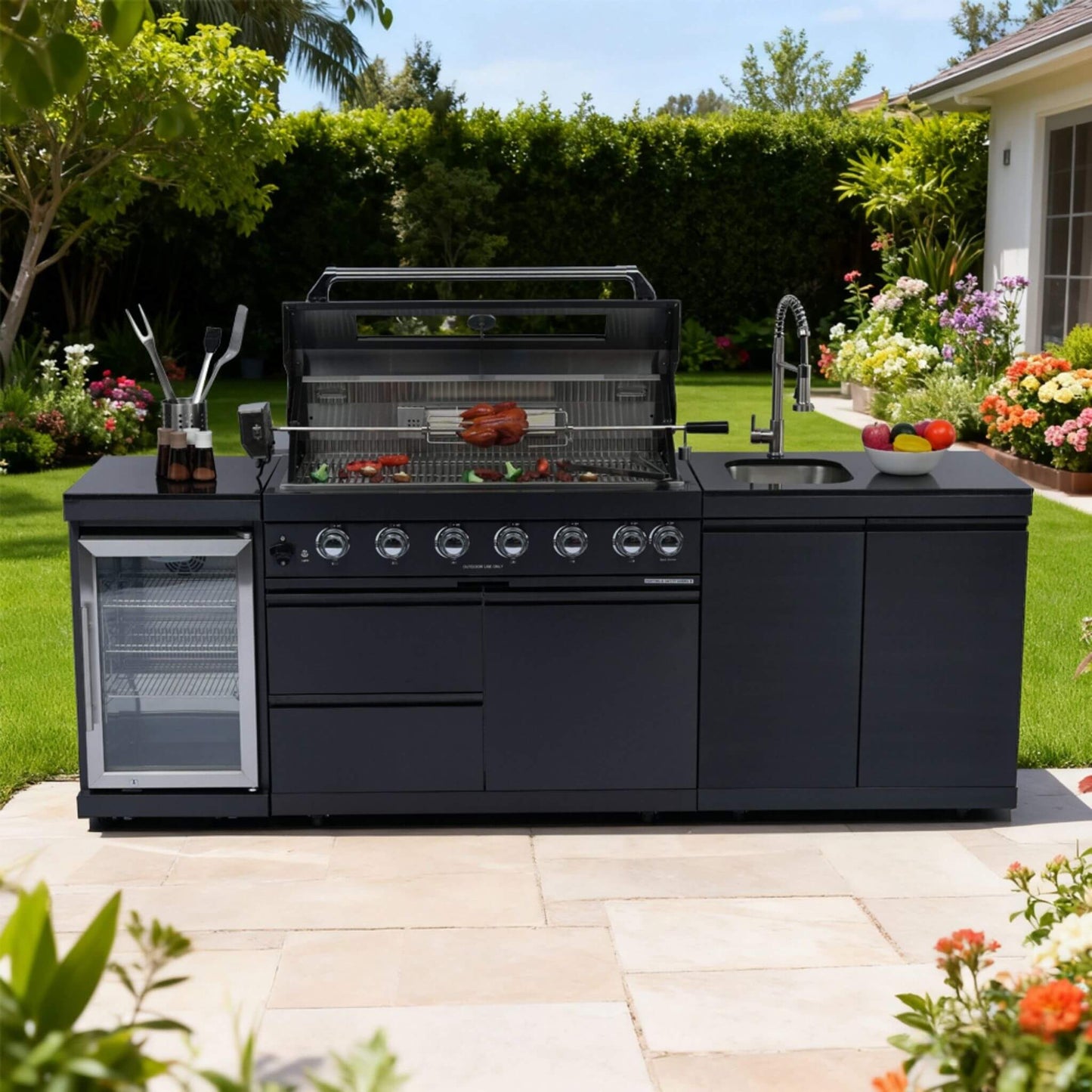 Castelle Flame 43-Inch 6-Burner 85K BTU Stainless Steel Outdoor BBQ Kitchen Island Grill With Wine Cooler, Rotisserie, And Sink