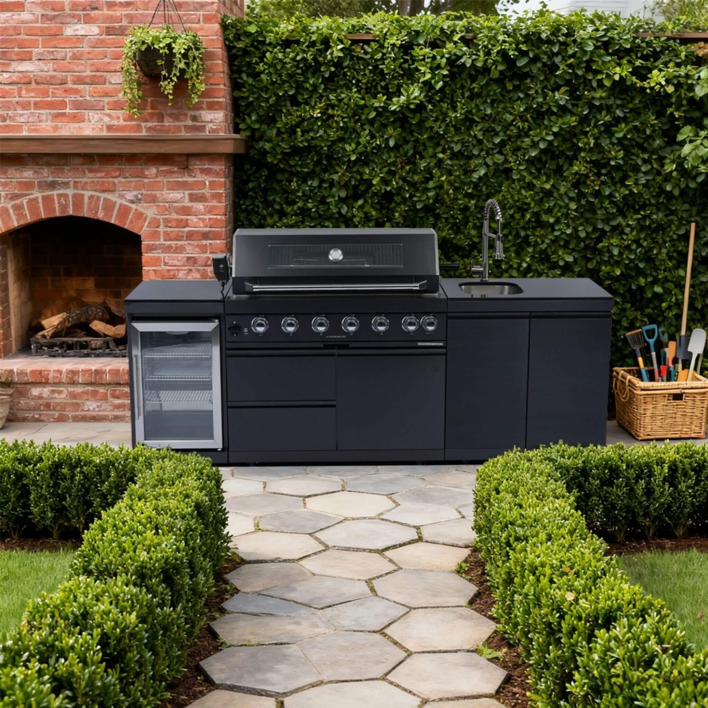 Castelle Flame 43-Inch 6-Burner 85K BTU Stainless Steel Outdoor BBQ Kitchen Island Grill With Wine Cooler, Rotisserie, And Sink