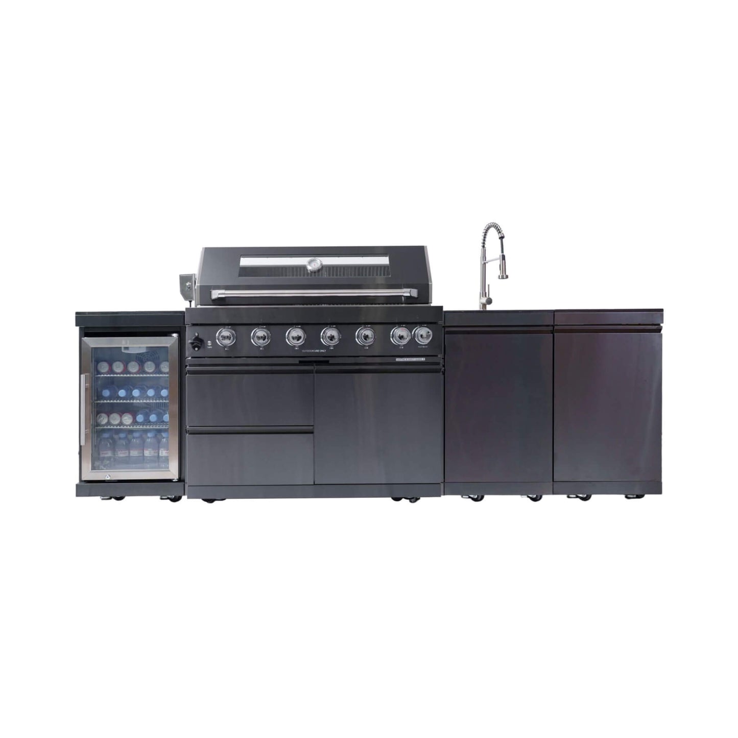 Castelle Flame 43-Inch 6-Burner 85K BTU Stainless Steel Outdoor BBQ Kitchen Island Grill With Wine Cooler, Rotisserie, And Sink