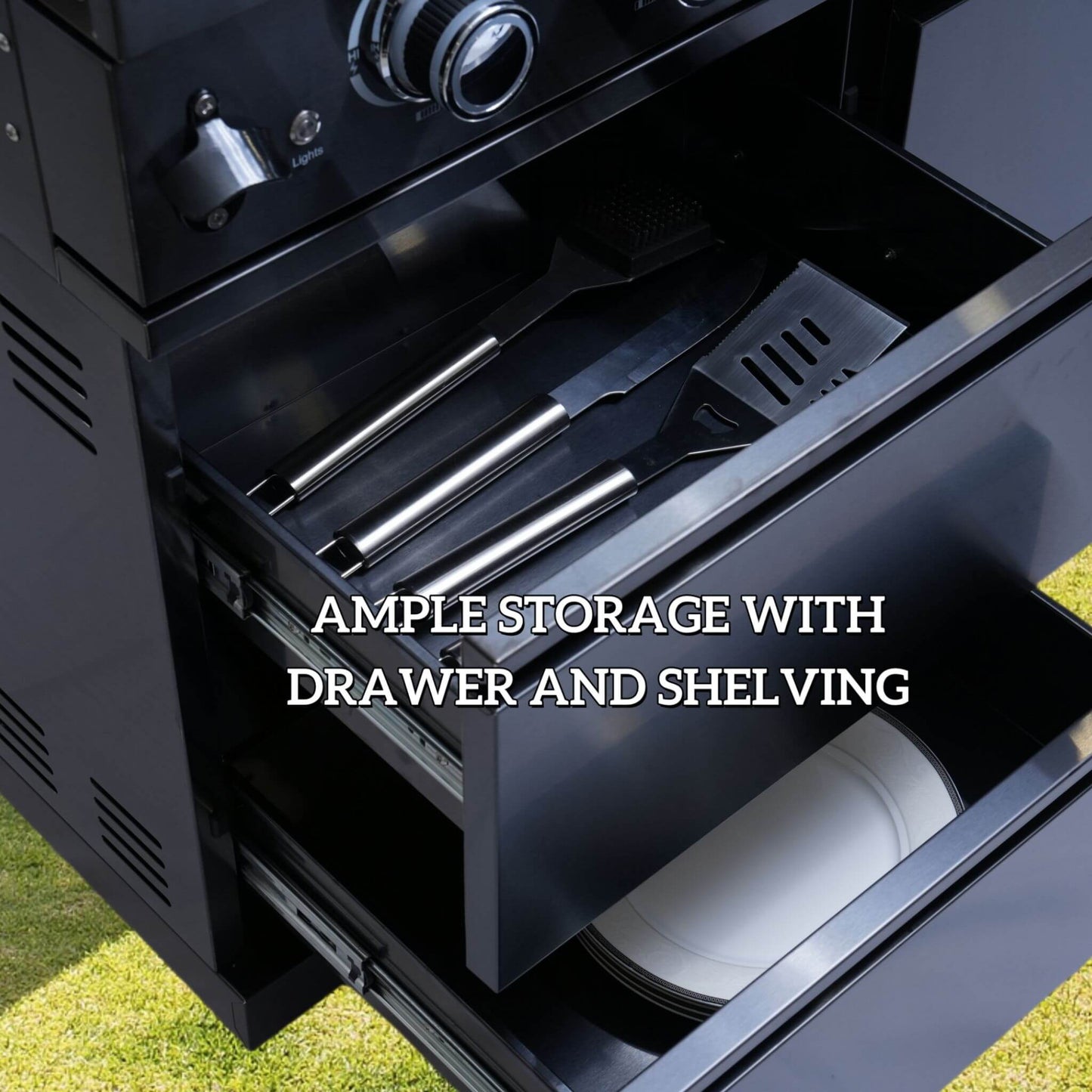 Castelle Flame 43-Inch 6-Burner 85K BTU Stainless Steel Outdoor BBQ Kitchen Island Grill With Wine Cooler, Rotisserie, And Sink