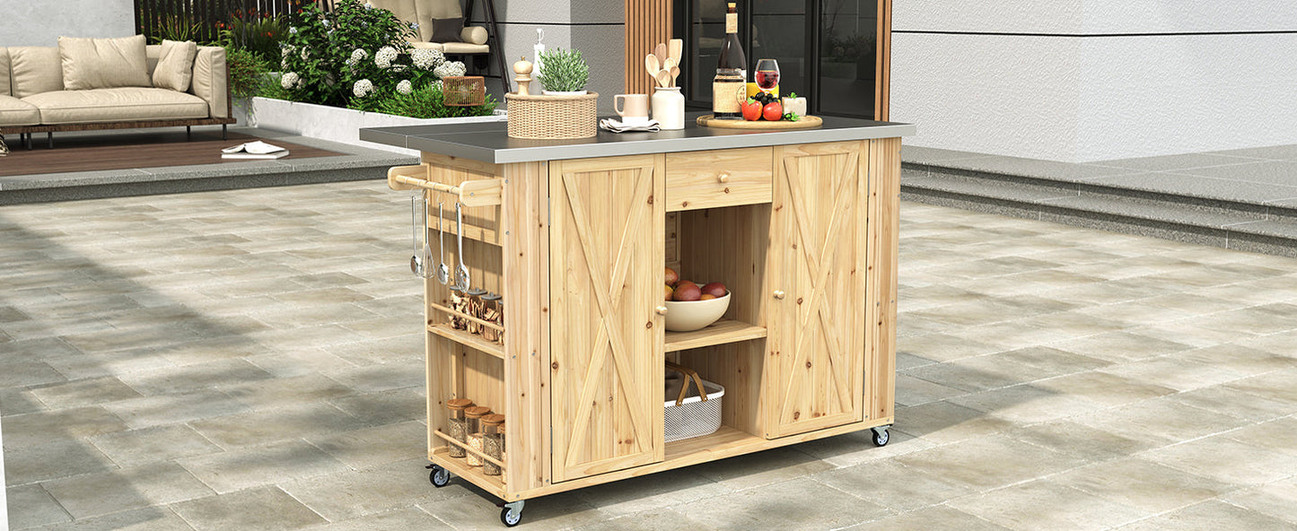 Outdoor Kitchen Island Fir Wood Kitchen Island with Stainless Steel Top, Ample Storage Space, Towel and Spice Racks, Bottle Opener, Natural