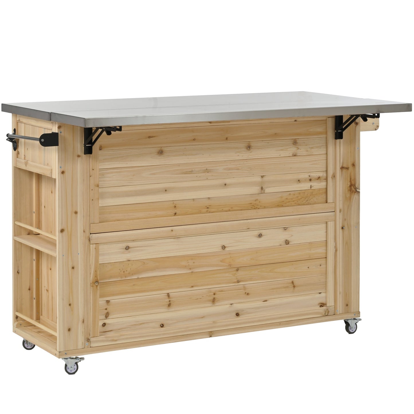 Outdoor Kitchen Island Fir Wood Kitchen Island with Stainless Steel Top, Ample Storage Space, Towel and Spice Racks, Bottle Opener, Natural