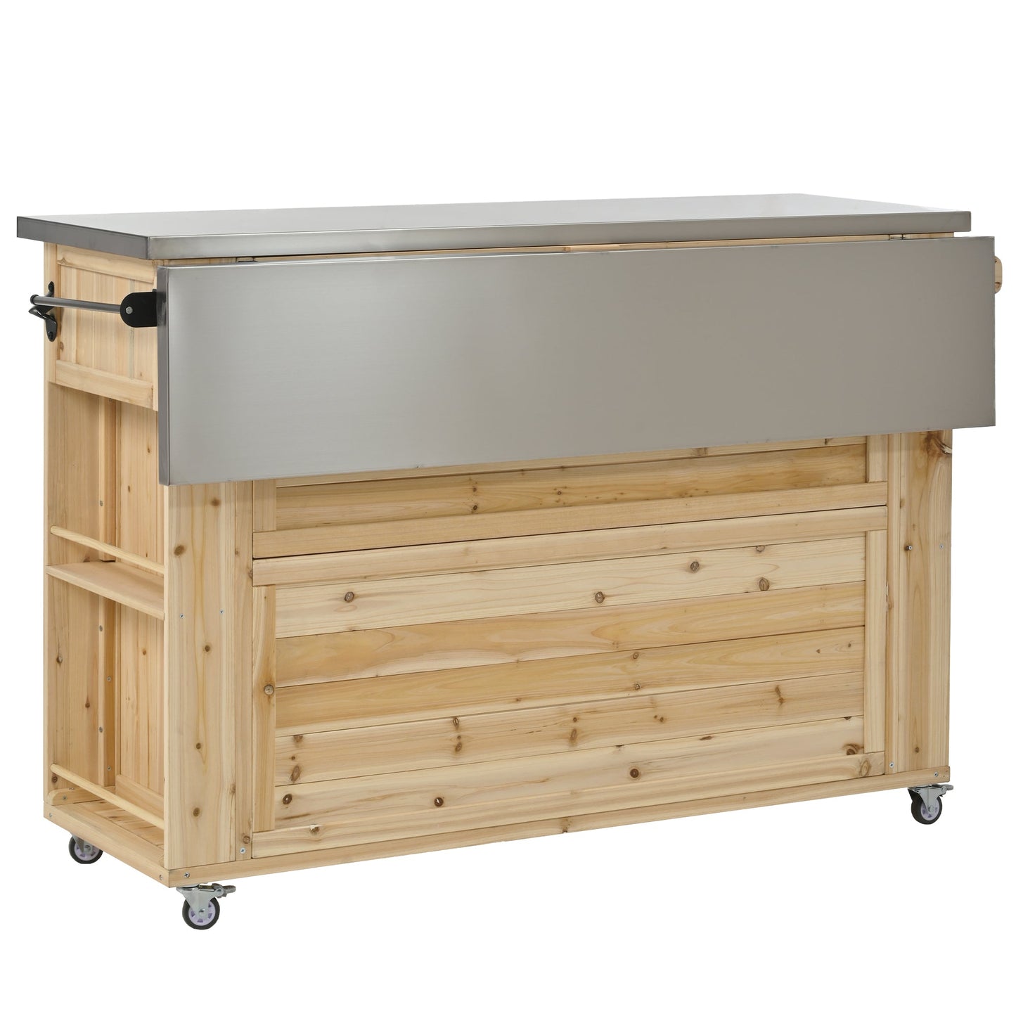Outdoor Kitchen Island Fir Wood Kitchen Island with Stainless Steel Top, Ample Storage Space, Towel and Spice Racks, Bottle Opener, Natural