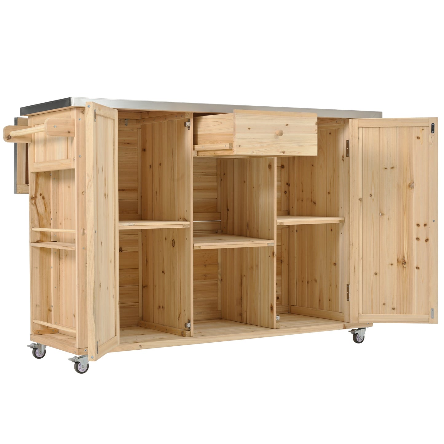 Outdoor Kitchen Island Fir Wood Kitchen Island with Stainless Steel Top, Ample Storage Space, Towel and Spice Racks, Bottle Opener, Natural