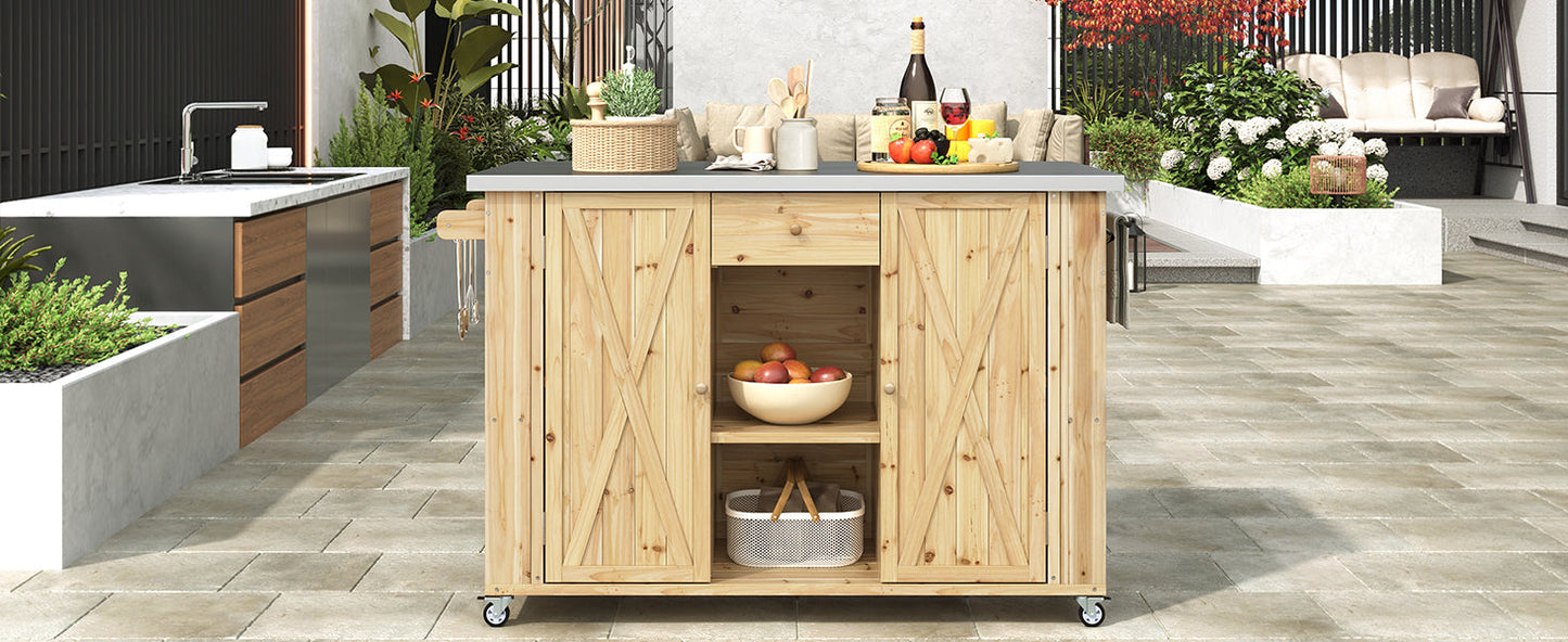 Outdoor Kitchen Island Fir Wood Kitchen Island with Stainless Steel Top, Ample Storage Space, Towel and Spice Racks, Bottle Opener, Natural