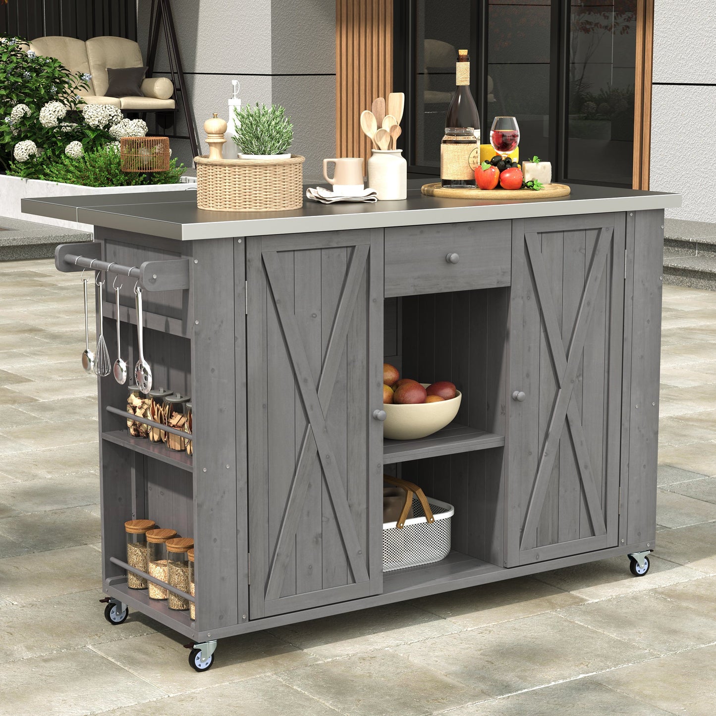 Outdoor Kitchen Island Fir Wood Kitchen Island with Stainless Steel Top, Ample Storage, Towel and Spice Racks, Bottle Opener, Grey