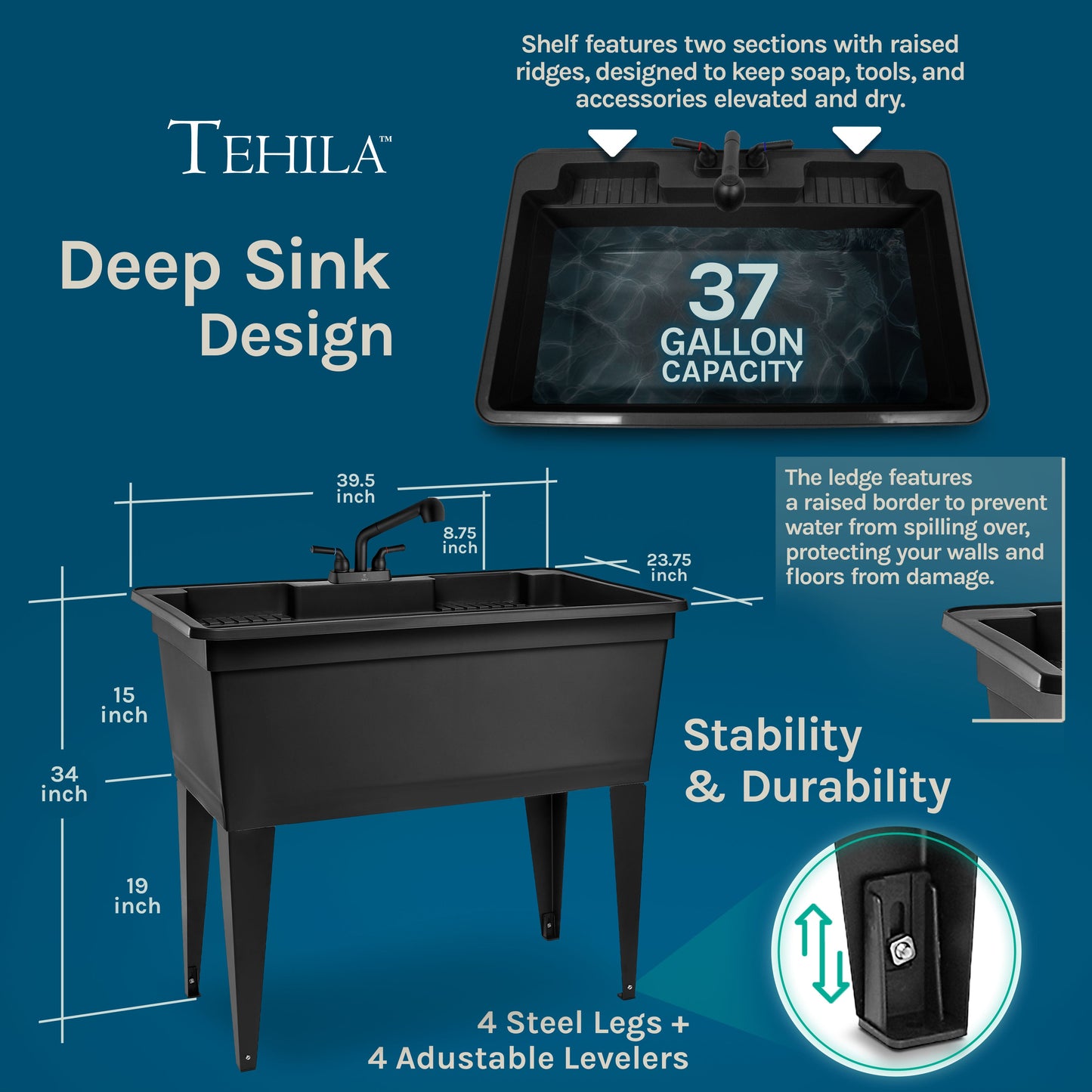 Freestanding Double-Wide Black Utility Sink with Steel Legs & Black Pull-Out Faucet, Multi-Purpose Heavy-Duty Laundry Tub and Kitchen Sink for Homes & Business