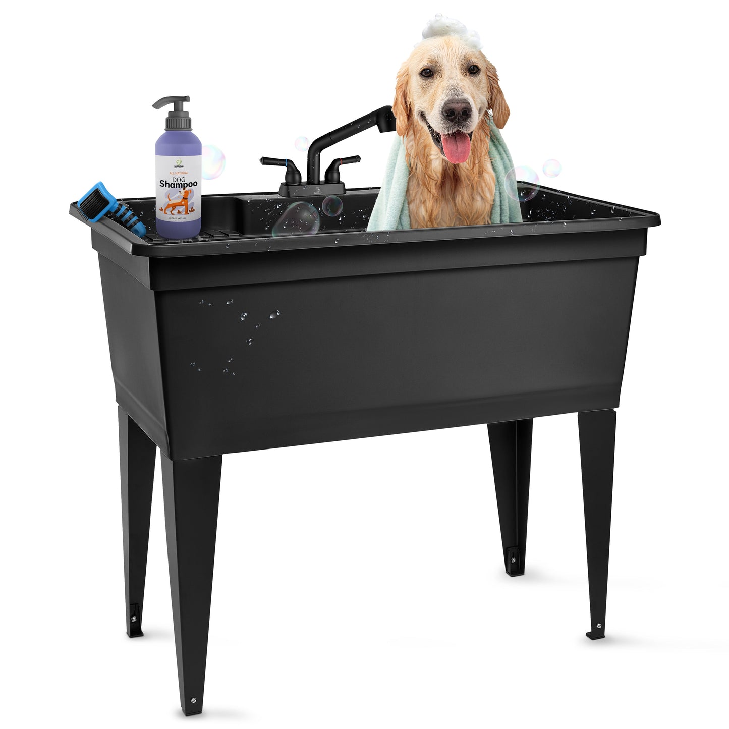 Freestanding Double-Wide Black Utility Sink with Steel Legs & Black Pull-Out Faucet, Multi-Purpose Heavy-Duty Laundry Tub and Kitchen Sink for Homes & Business