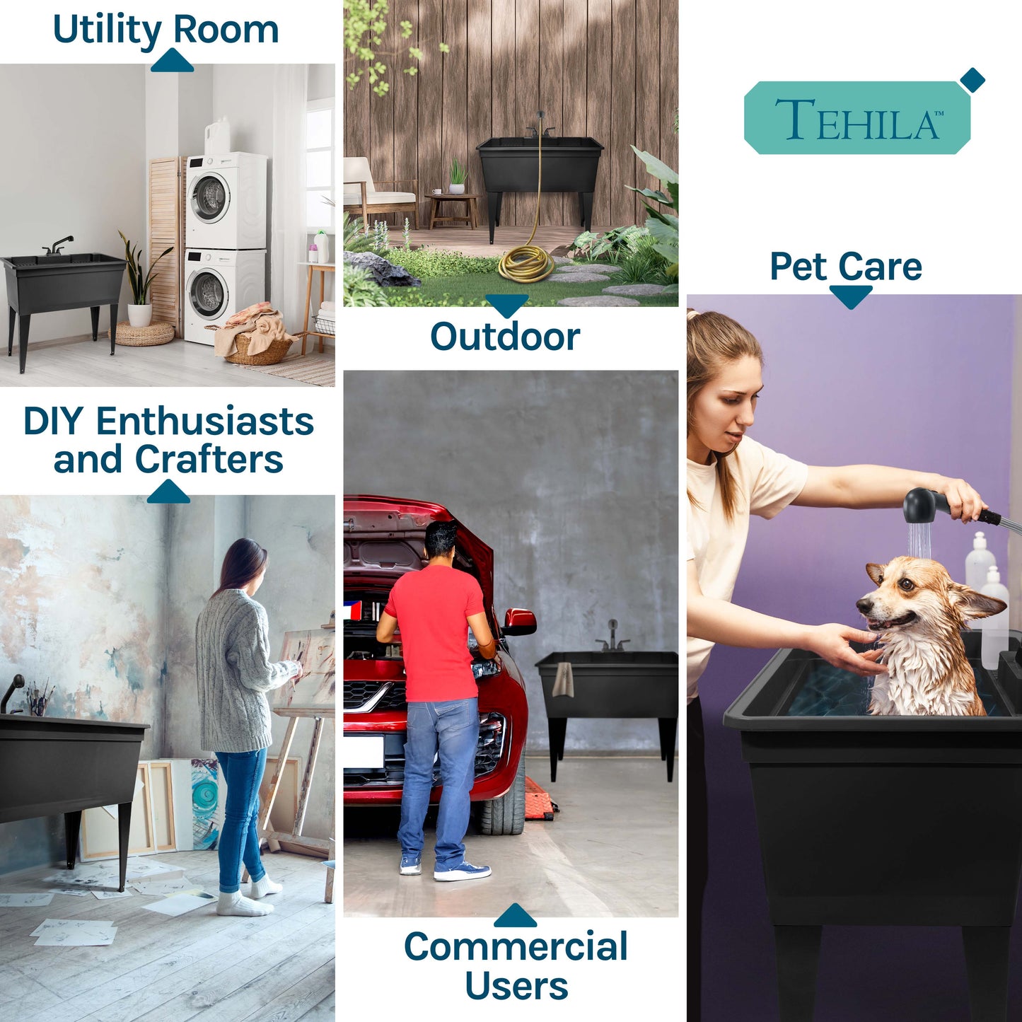 Freestanding Double-Wide Black Utility Sink with Steel Legs & Black Pull-Out Faucet, Multi-Purpose Heavy-Duty Laundry Tub and Kitchen Sink for Homes & Business