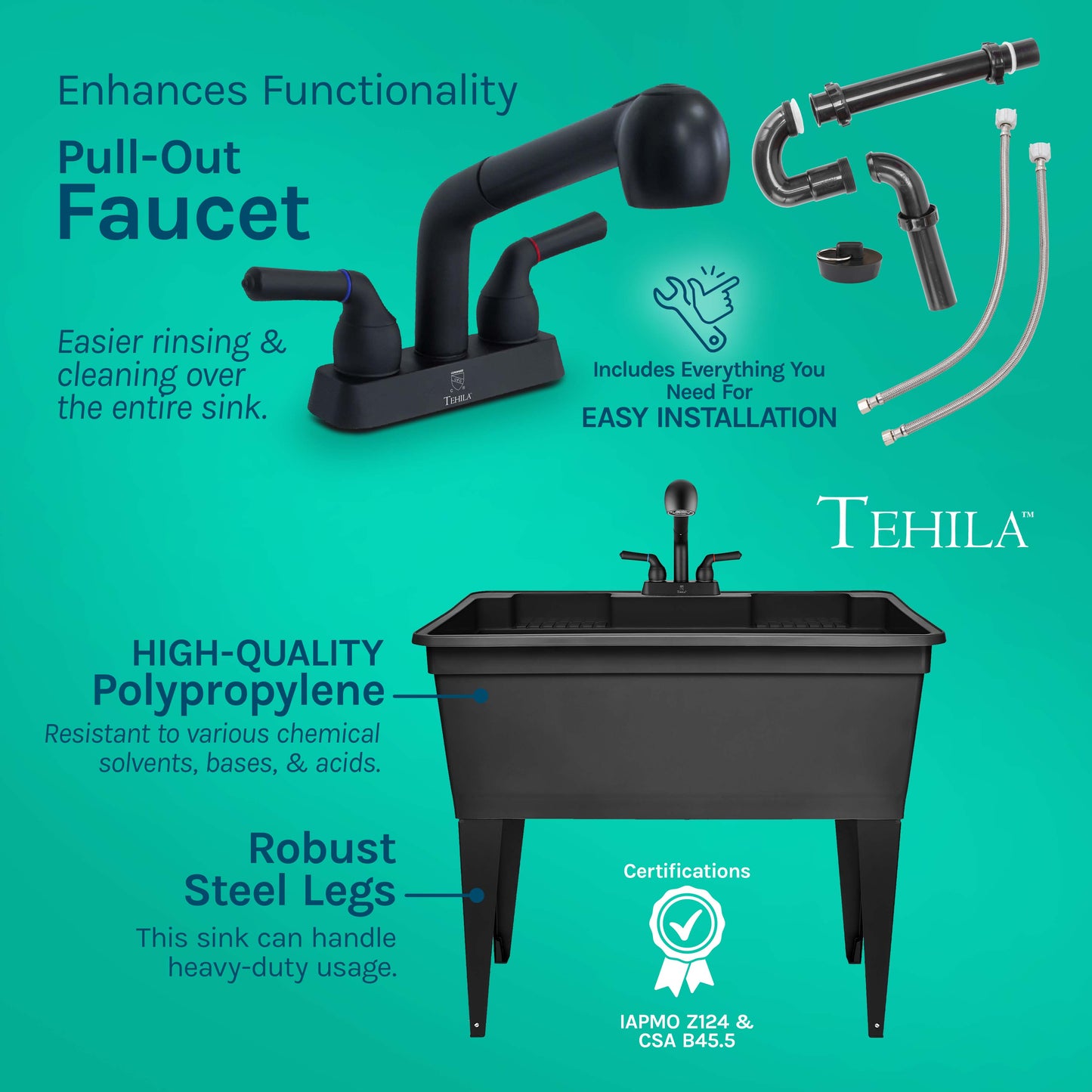 Freestanding Double-Wide Black Utility Sink with Steel Legs & Black Pull-Out Faucet, Multi-Purpose Heavy-Duty Laundry Tub and Kitchen Sink for Homes & Business