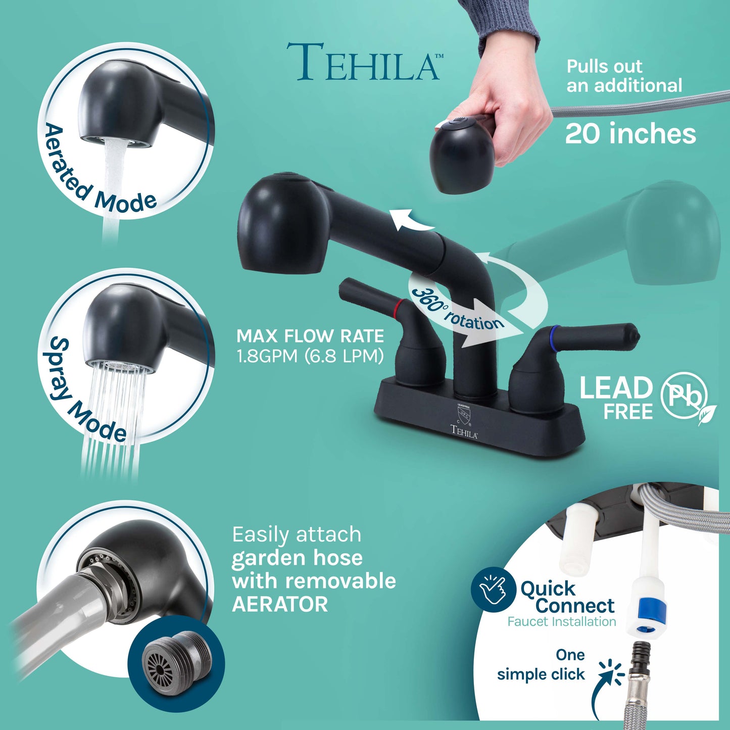 Freestanding Double-Wide Black Utility Sink with Steel Legs & Black Pull-Out Faucet, Multi-Purpose Heavy-Duty Laundry Tub and Kitchen Sink for Homes & Business