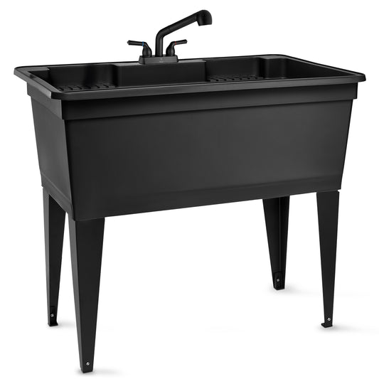 Freestanding Double-Wide Black Utility Sink with Steel Legs & Black Pull-Out Faucet, Multi-Purpose Heavy-Duty Laundry Tub and Kitchen Sink for Homes & Business