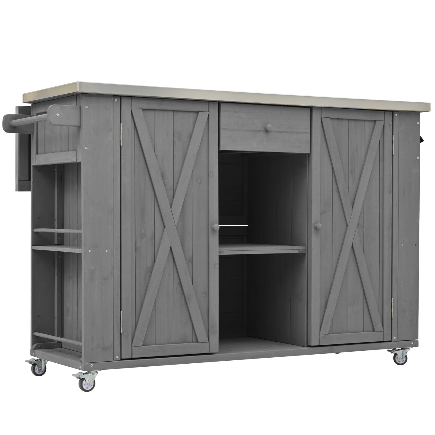 Outdoor Kitchen Island Fir Wood Kitchen Island with Stainless Steel Top, Ample Storage, Towel and Spice Racks, Bottle Opener, Grey