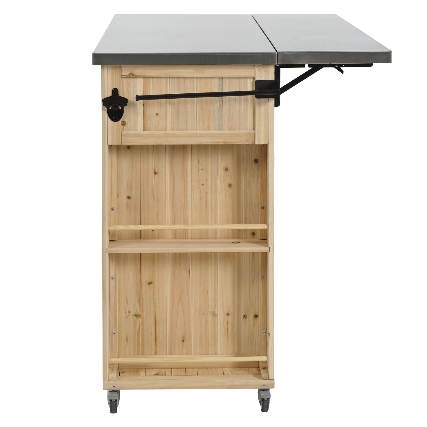 Outdoor Kitchen Island Fir Wood Kitchen Island with Stainless Steel Top, Ample Storage Space, Towel and Spice Racks, Bottle Opener, Natural