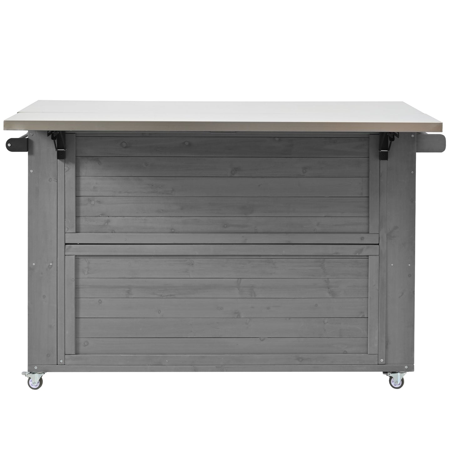 Outdoor Kitchen Island Fir Wood Kitchen Island with Stainless Steel Top, Ample Storage, Towel and Spice Racks, Bottle Opener, Grey