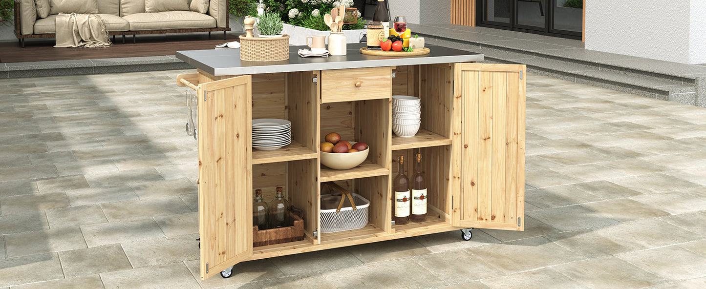 Outdoor Kitchen Island Fir Wood Kitchen Island with Stainless Steel Top, Ample Storage Space, Towel and Spice Racks, Bottle Opener, Natural