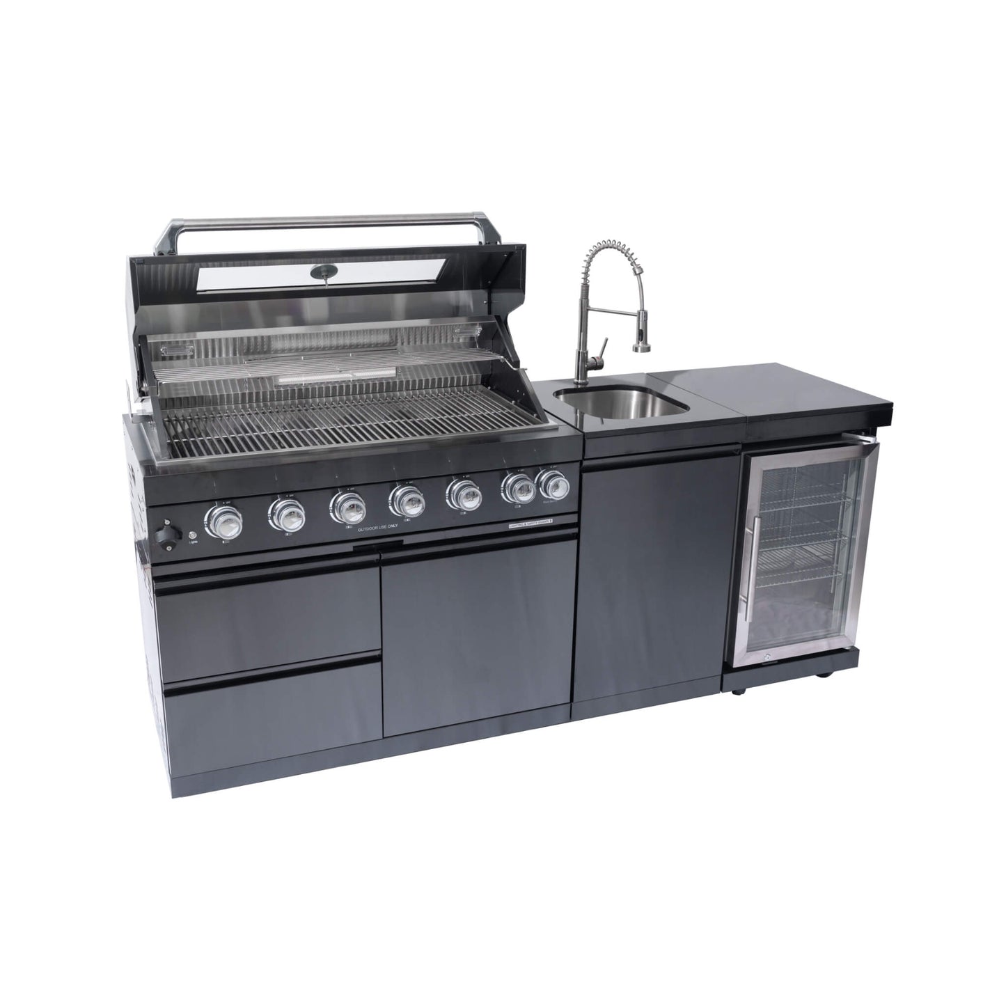 Castelle Flame 85K BTU Outdoor BBQ Kitchen Grill Island With 43-Inch 6-Burner Grill, Wine Fridge, Rotisserie Kit, And Sink