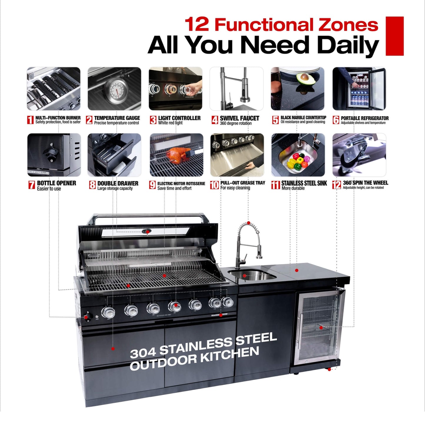 Castelle Flame 85K BTU Outdoor BBQ Kitchen Grill Island With 43-Inch 6-Burner Grill, Wine Fridge, Rotisserie Kit, And Sink