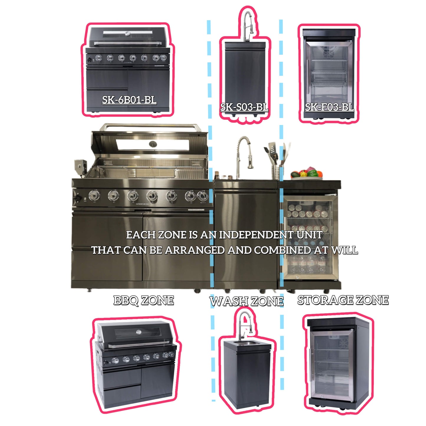 Castelle Flame 85K BTU Outdoor BBQ Kitchen Grill Island With 43-Inch 6-Burner Grill, Wine Fridge, Rotisserie Kit, And Sink