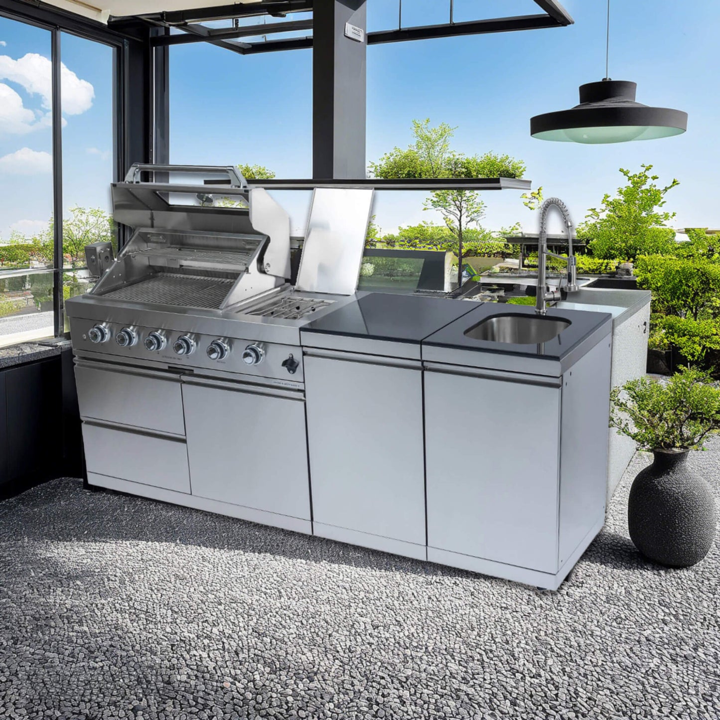 Castelle Flame Stainless Steel Outdoor BBQ Kitchen Island With 46-Inch 4-Burner 85K BTU Grill, Rotisserie Kit, And Cabinets