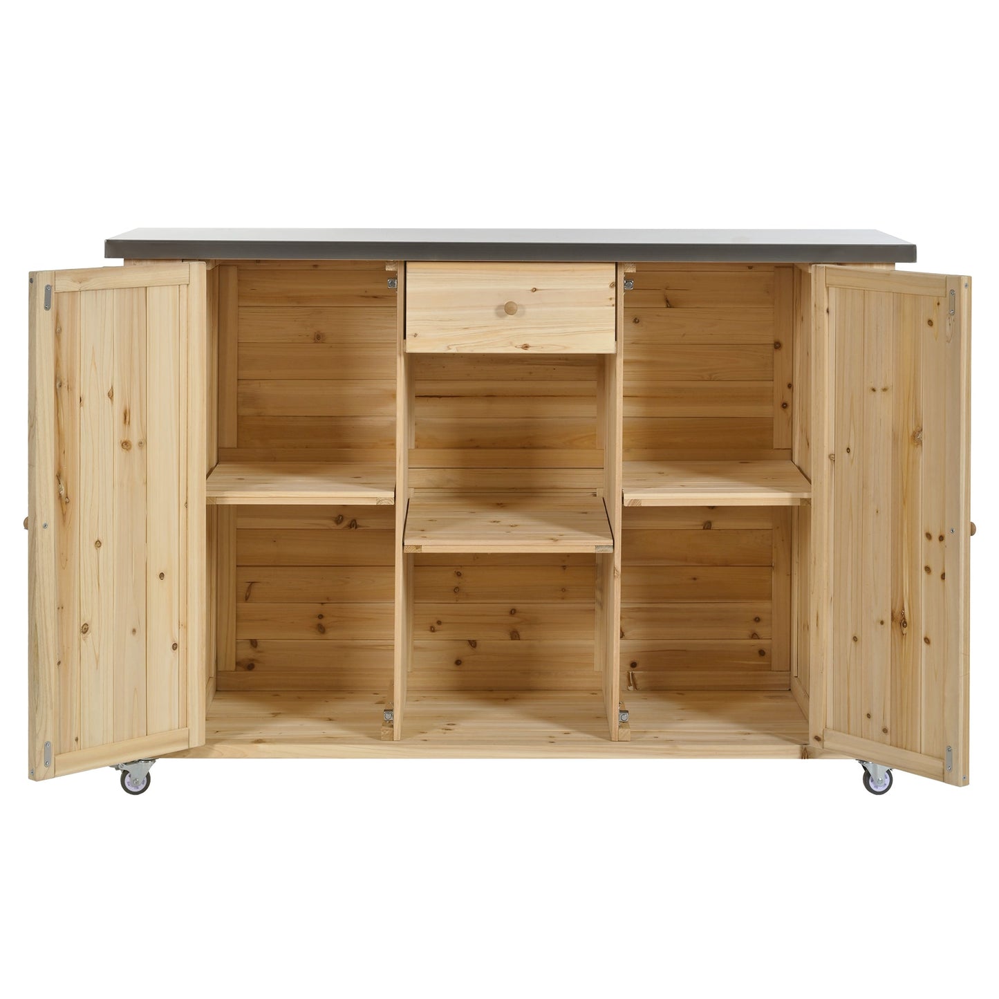 Outdoor Kitchen Island Fir Wood Kitchen Island with Stainless Steel Top, Ample Storage Space, Towel and Spice Racks, Bottle Opener, Natural