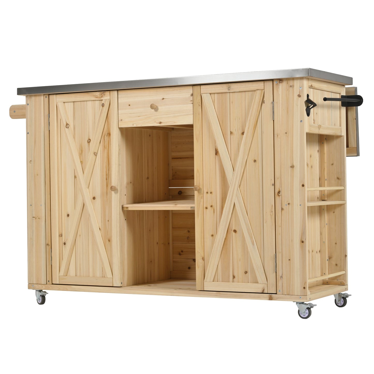 Outdoor Kitchen Island Fir Wood Kitchen Island with Stainless Steel Top, Ample Storage Space, Towel and Spice Racks, Bottle Opener, Natural