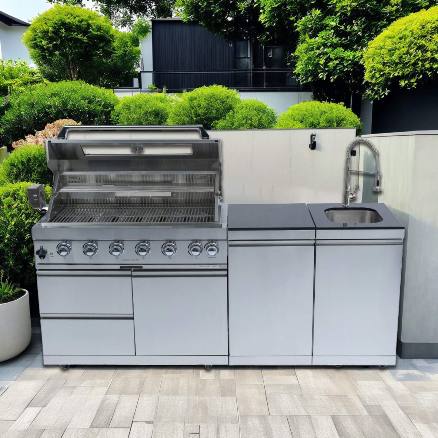 The Castelle Flame 96" Ultimate Outdoor Kitchen Island | 6-Burner Grill & Storage Suite