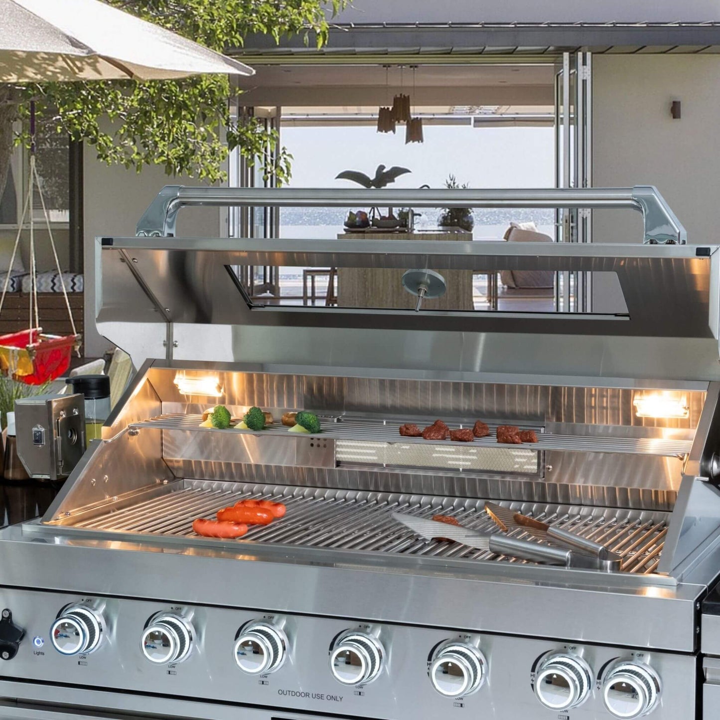 The Castelle Flame 96" Ultimate Outdoor Kitchen Island | 6-Burner Grill & Storage Suite