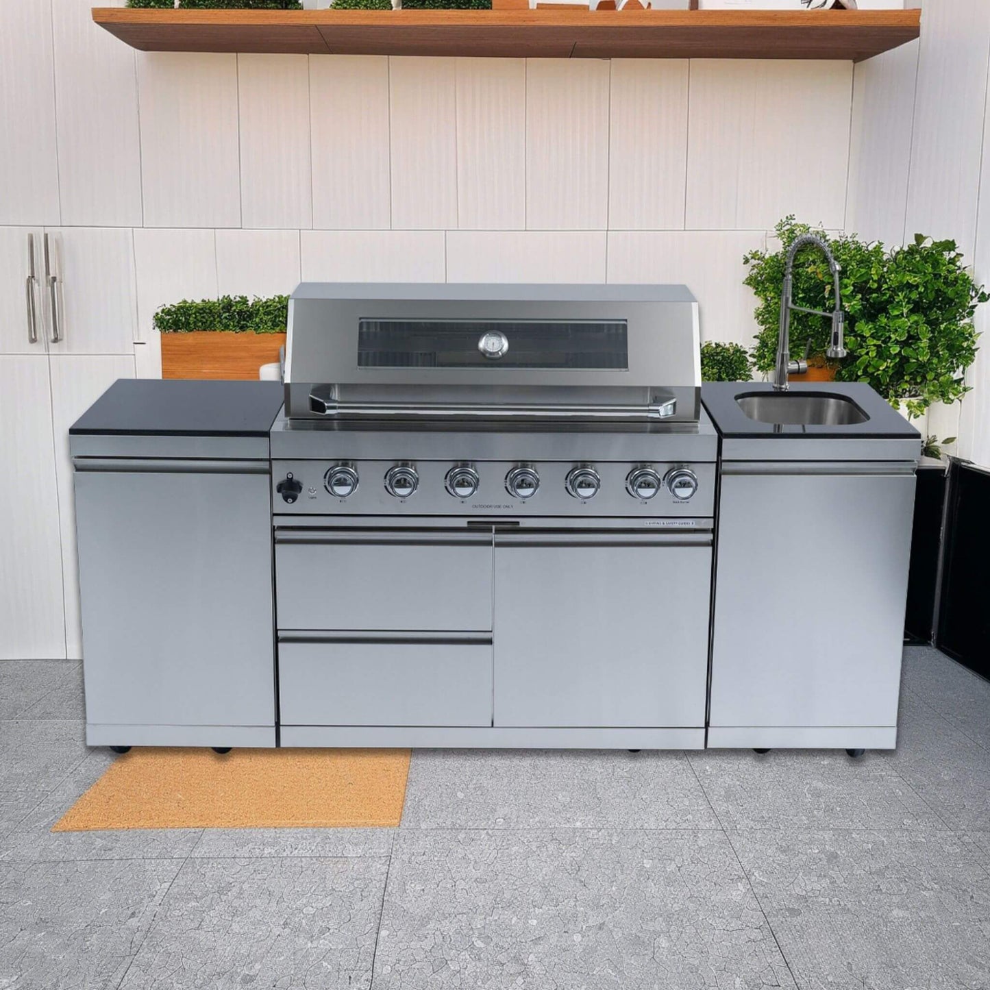 The Castelle Flame 96" Ultimate Outdoor Kitchen Island | 6-Burner Grill & Storage Suite