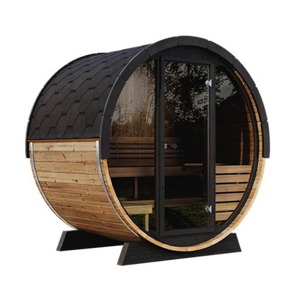 SaunaLife Model EE6G Ergo Series 4-Person Outdoor Sauna Barrel With Tempered Glass Front